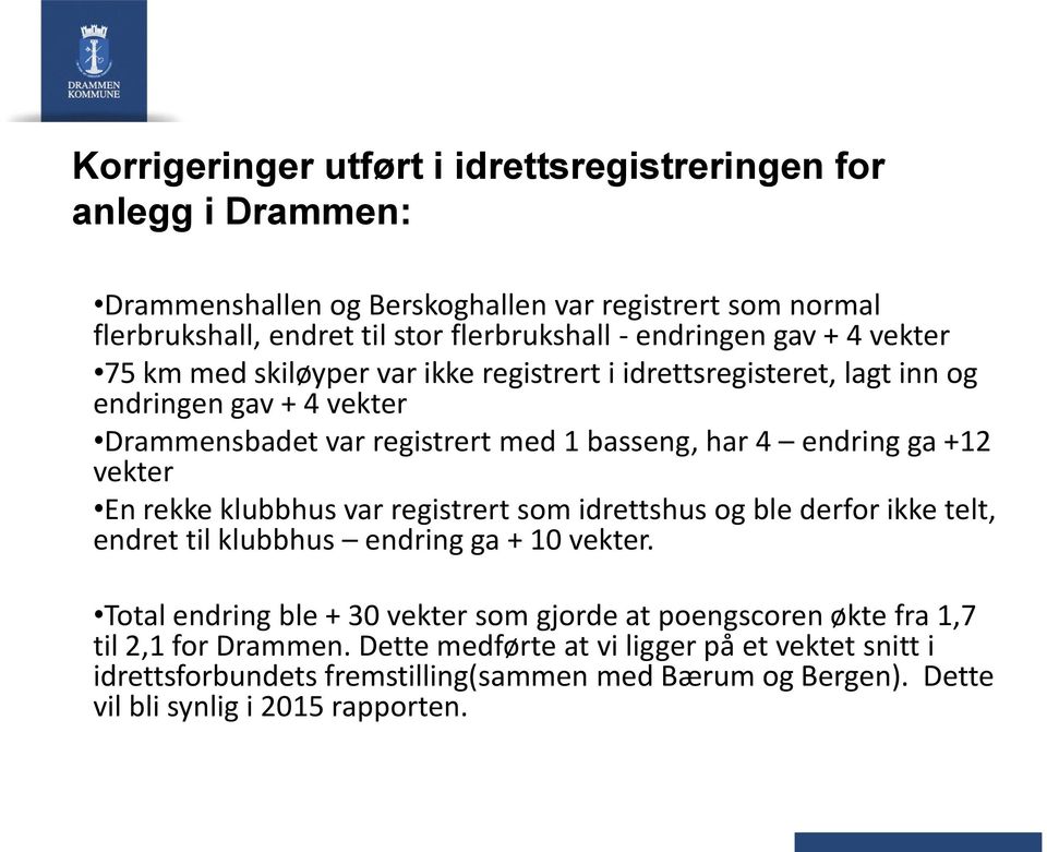 ga +12 vekter En rekke klubbhus var registrert som idrettshus og ble derfor ikke telt, endret til klubbhus endring ga + 10 vekter.