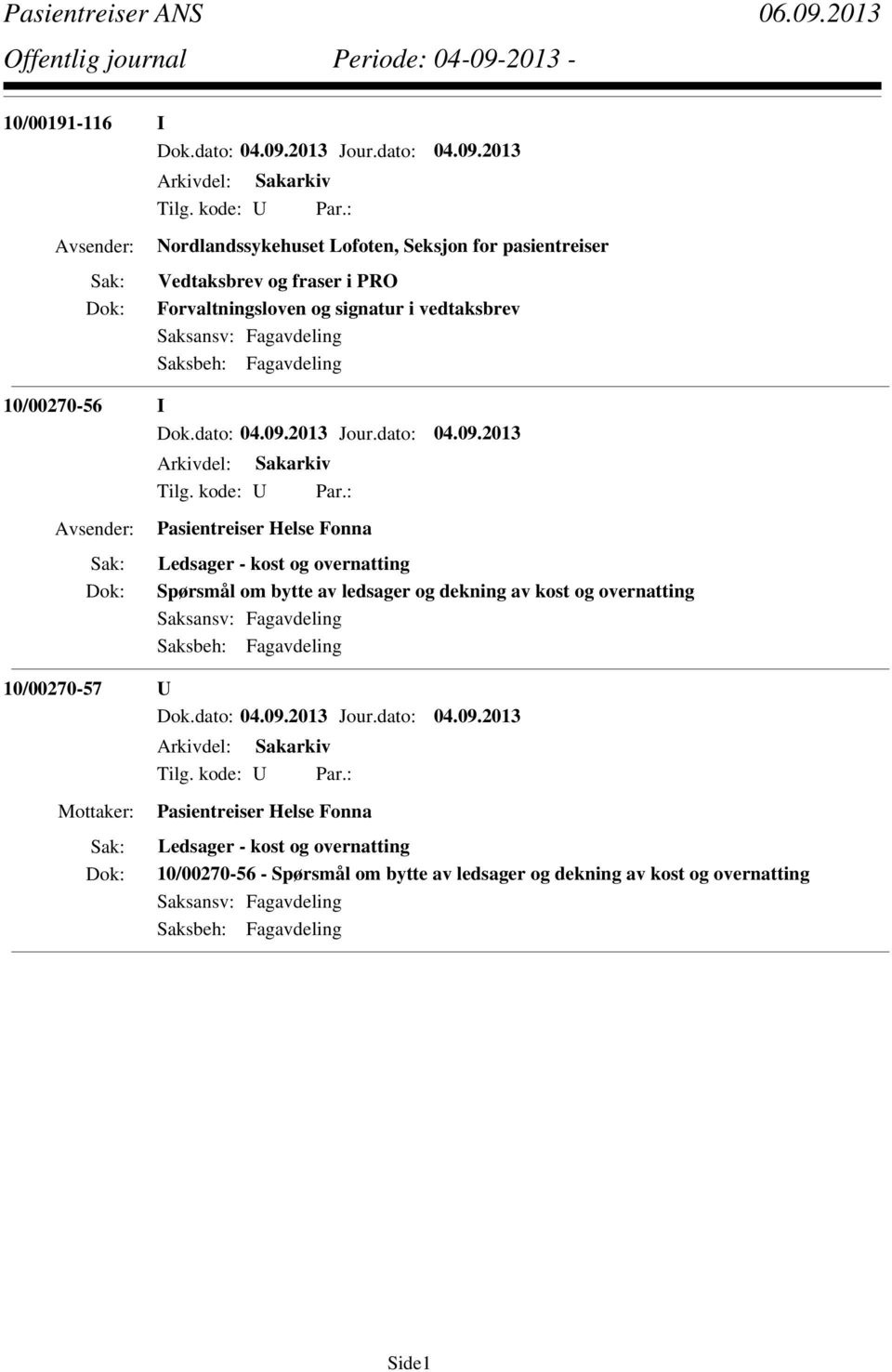 overnatting Spørsmål om bytte av ledsager og dekning av kost og overnatting 10/00270-57 U Pasientreiser