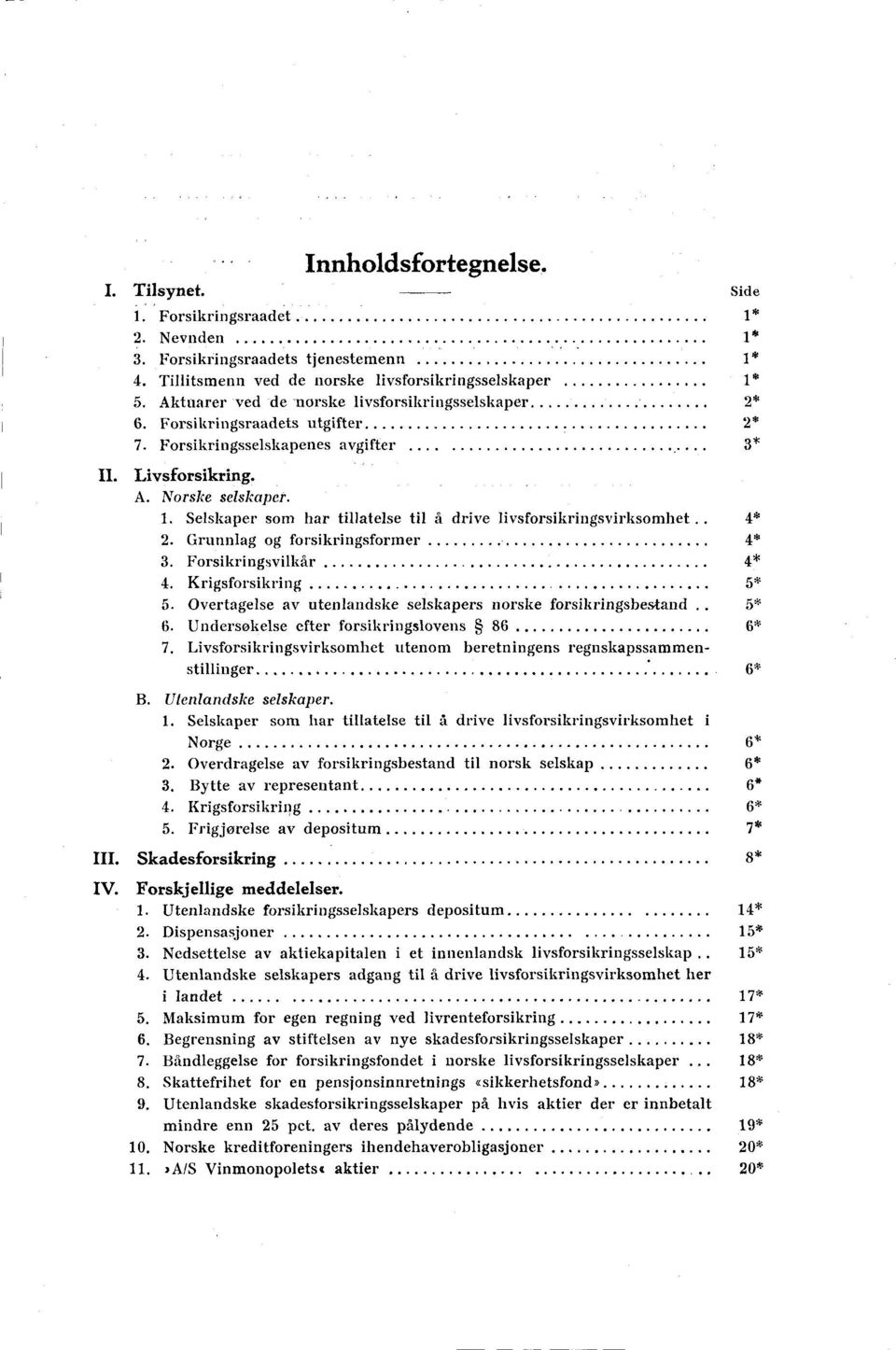 Selskaper som har tillatelse til å drive livsforsikringsvirksomhet 4* 2. Grunnlag og forsikringsformer 4* 3. Forsikringsvilkår 4* 4. Krigsforsikring 5.