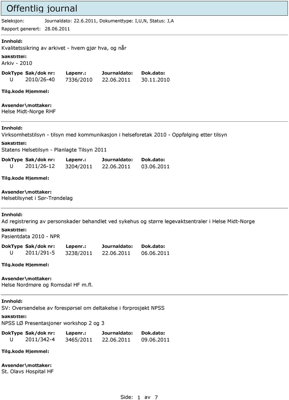 helseforetak 2010 - Oppfølging etter tilsyn Statens Helsetilsyn - Planlagte Tilsyn 2011 2011/26-12 3204/2011 03.06.