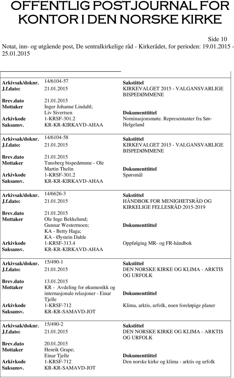 2015 KIRKEVALGET 2015 - VALGANSVARLIGE BISPEDØMMENE Mottaker Tunsberg bispedømme - Ole Martin Thelin Arkivkode 1-KRSF-301.2 Spørsmål Saksansv. KR-KR-KIRKAVD-AHAA Arkivsak/doknr.