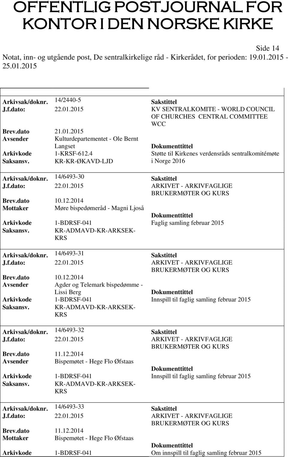 4 Støtte til Kirkenes verdensråds sentralkomitémøte Saksansv. KR-KR-ØKAVD-LJD i Norge 2016 Arkivsak/doknr. 14/6493-30 Sakstittel J.f.dato: 22.01.2015 ARKIVET - ARKIVFAGLIGE BRUKERMØTER OG KURS Brev.