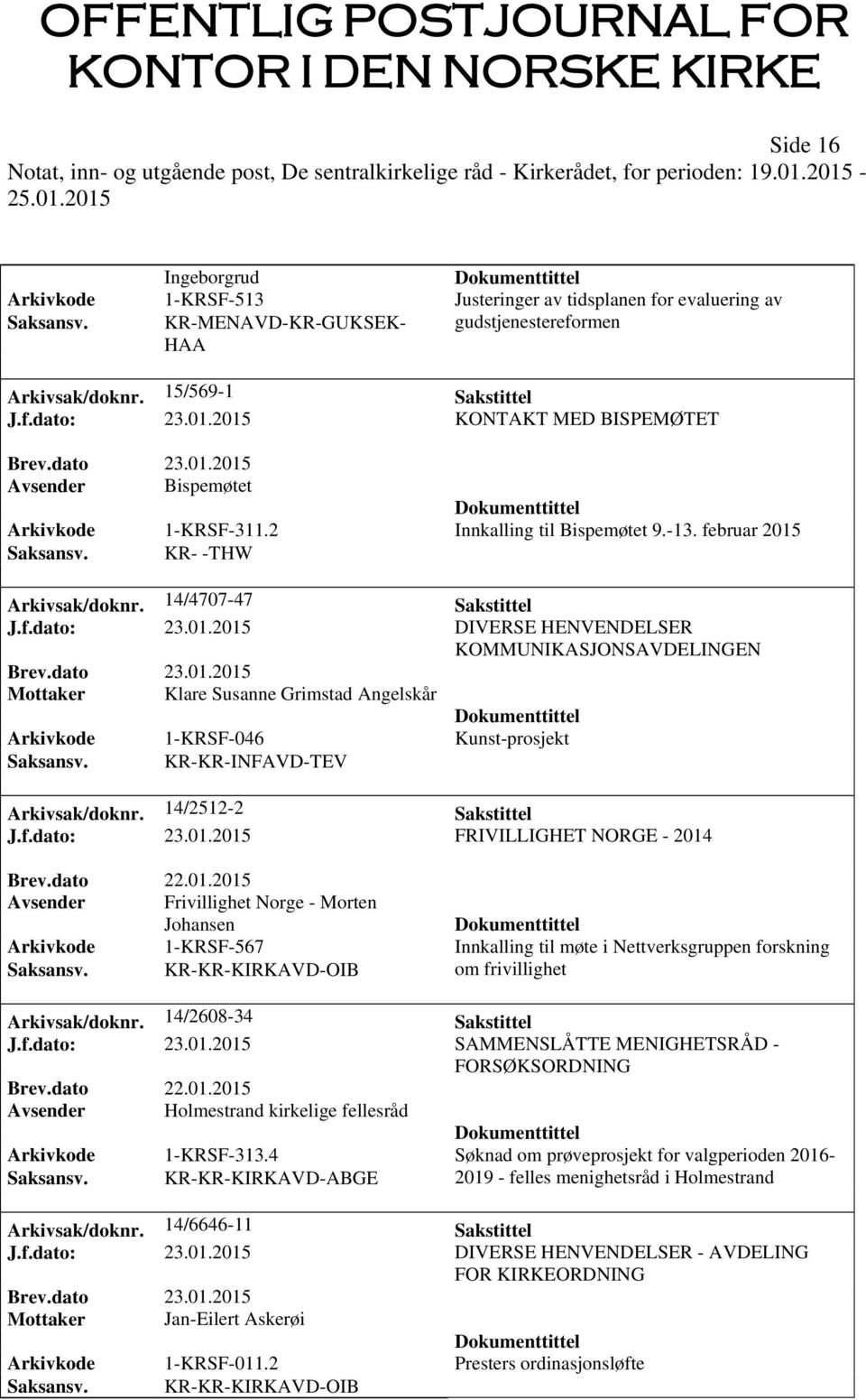 dato 23.01.2015 Mottaker Klare Susanne Grimstad Angelskår Arkivkode 1-KRSF-046 Kunst-prosjekt Saksansv. KR-KR-INFAVD-TEV Arkivsak/doknr. 14/2512-2 Sakstittel J.f.dato: 23.01.2015 FRIVILLIGHET NORGE - 2014 Avsender Frivillighet Norge - Morten Johansen Arkivkode 1-KRSF-567 Innkalling til møte i Nettverksgruppen forskning Saksansv.