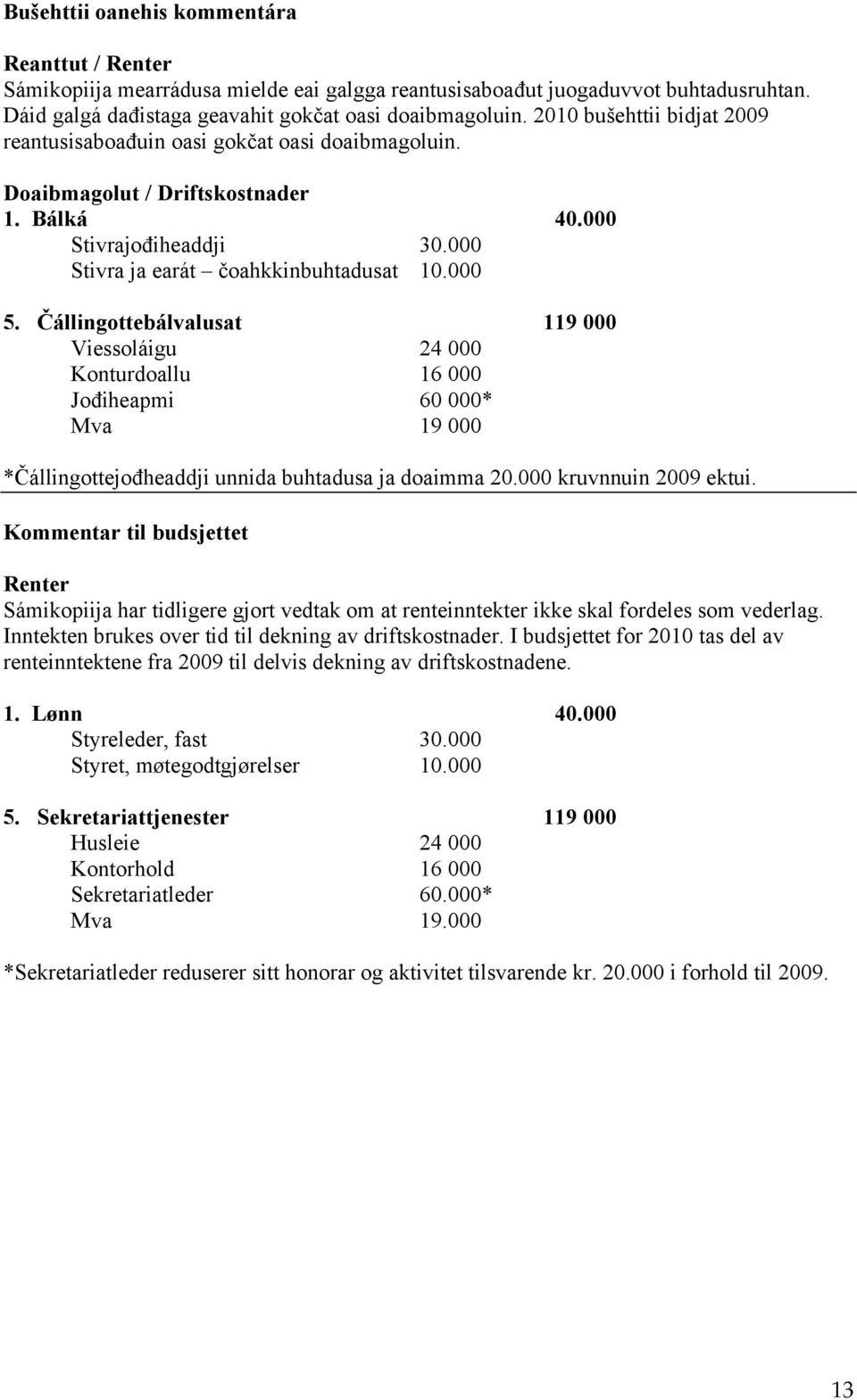 Čállingottebálvalusat 119 000 Viessoláigu 24 000 Konturdoallu 16 000 Jođiheapmi 60 000* Mva 19 000 *Čállingottejođheaddji unnida buhtadusa ja doaimma 20.000 kruvnnuin 2009 ektui.