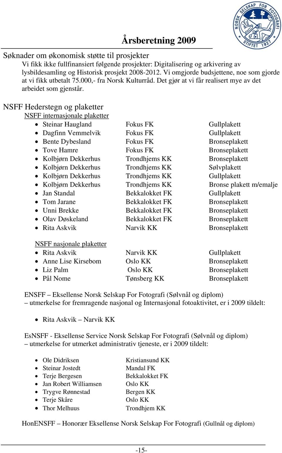 NSFF Hederstegn og plaketter NSFF internasjonale plaketter Steinar Haugland Fokus FK Gullplakett Dagfinn Vemmelvik Fokus FK Gullplakett Bente Dybesland Fokus FK Bronseplakett Tove Hamre Fokus FK