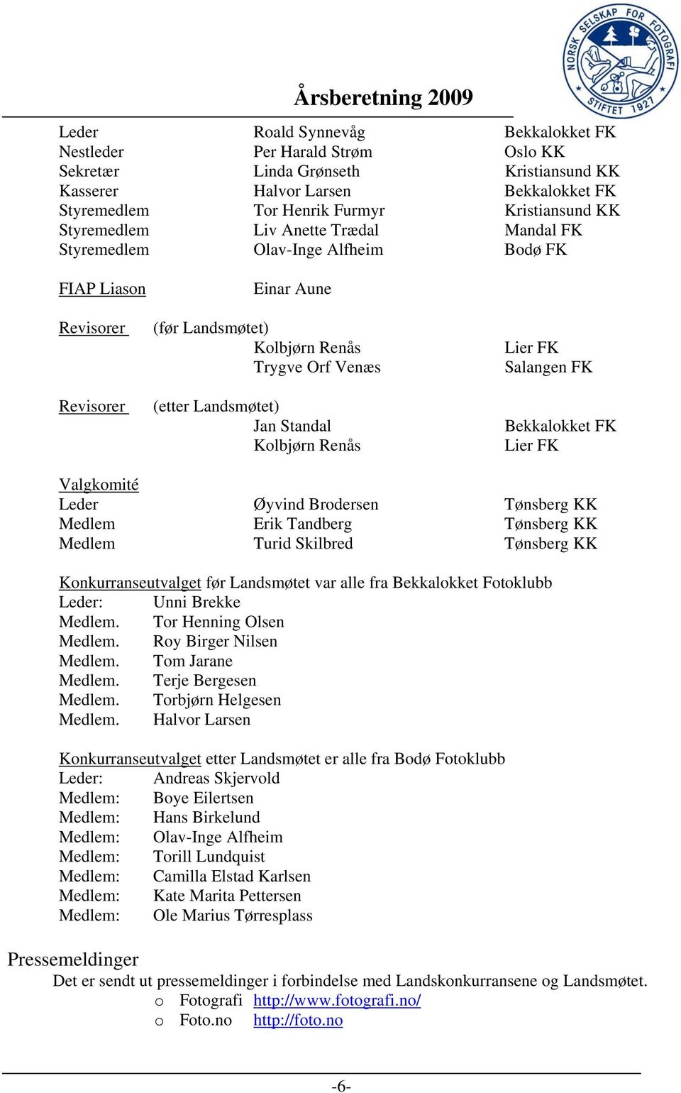 Standal Kolbjørn Renås Lier FK Salangen FK Bekkalokket FK Lier FK Valgkomité Leder Øyvind Brodersen Tønsberg KK Medlem Erik Tandberg Tønsberg KK Medlem Turid Skilbred Tønsberg KK Konkurranseutvalget