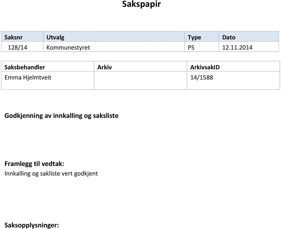 2014 Saksbehandler Arkiv ArkivsakID Emma Hjelmtveit 14/1588