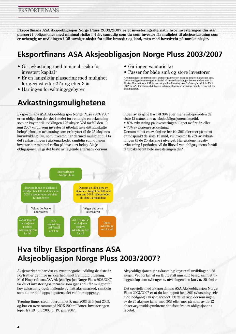 Eksportfinans ASA Aksjeobligasjon Norge Pluss 2003/2007 Gir avkastning med minimal risiko for investert kapital* Er en langsiktig plassering med mulighet for gevinst etter 2 år og etter 3 år Har