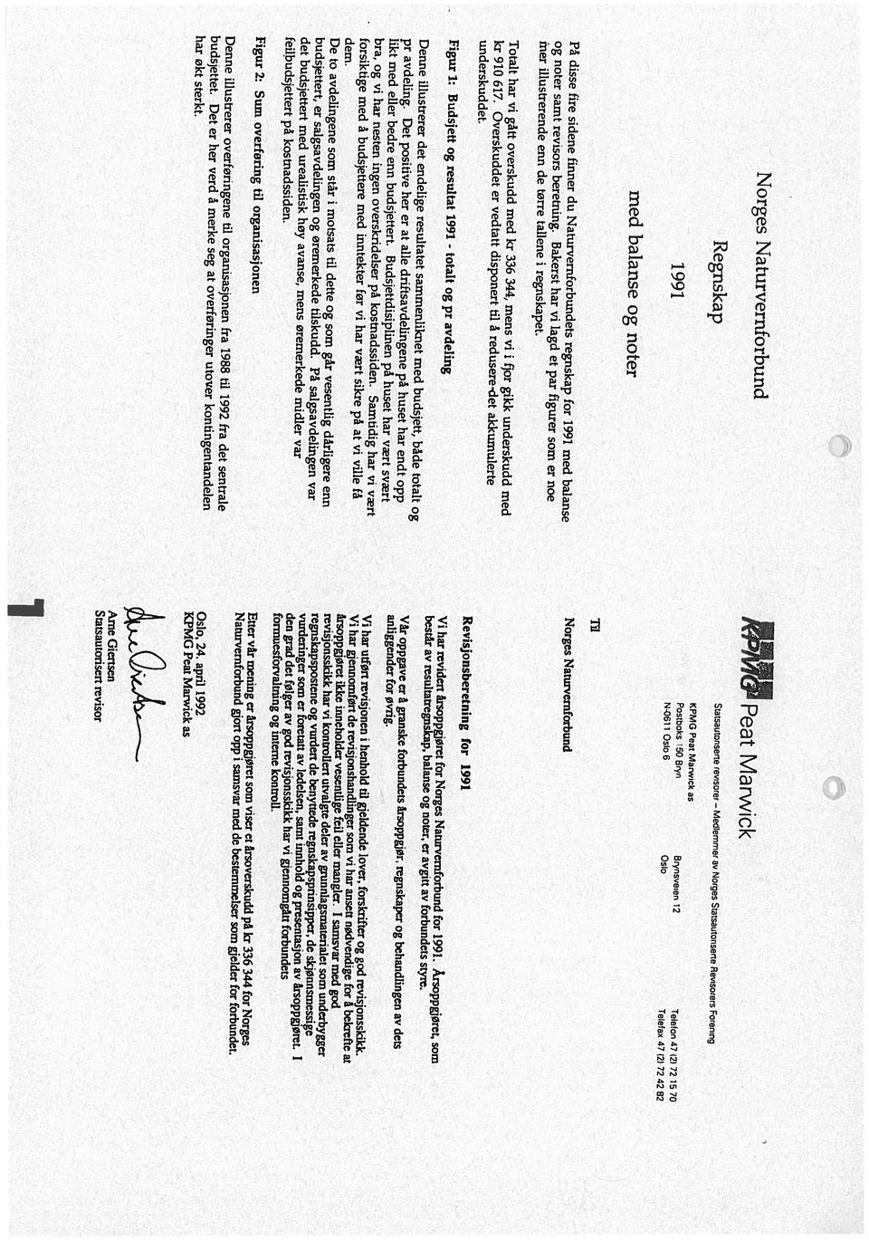 med balanse og noter underskuddet. i Statsautonsert revisor Arne Giertsen Oslo, 24. april 1992 KPMG Peat Marwick as har økt sterkt. budsjettet.