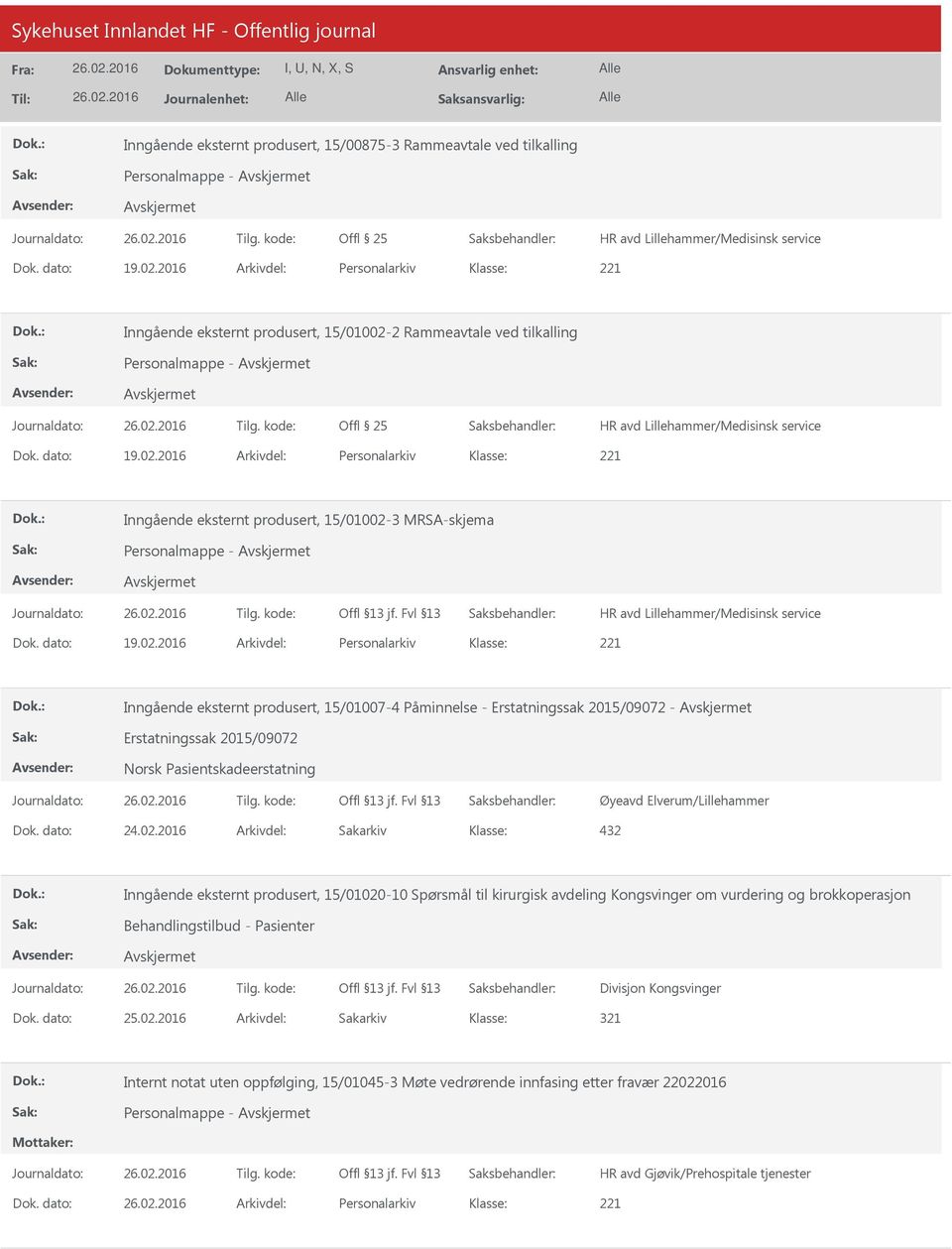 2016 Arkivdel: Personalarkiv Inngående eksternt produsert, 15/01002-3 MRSA-skjema Dok.