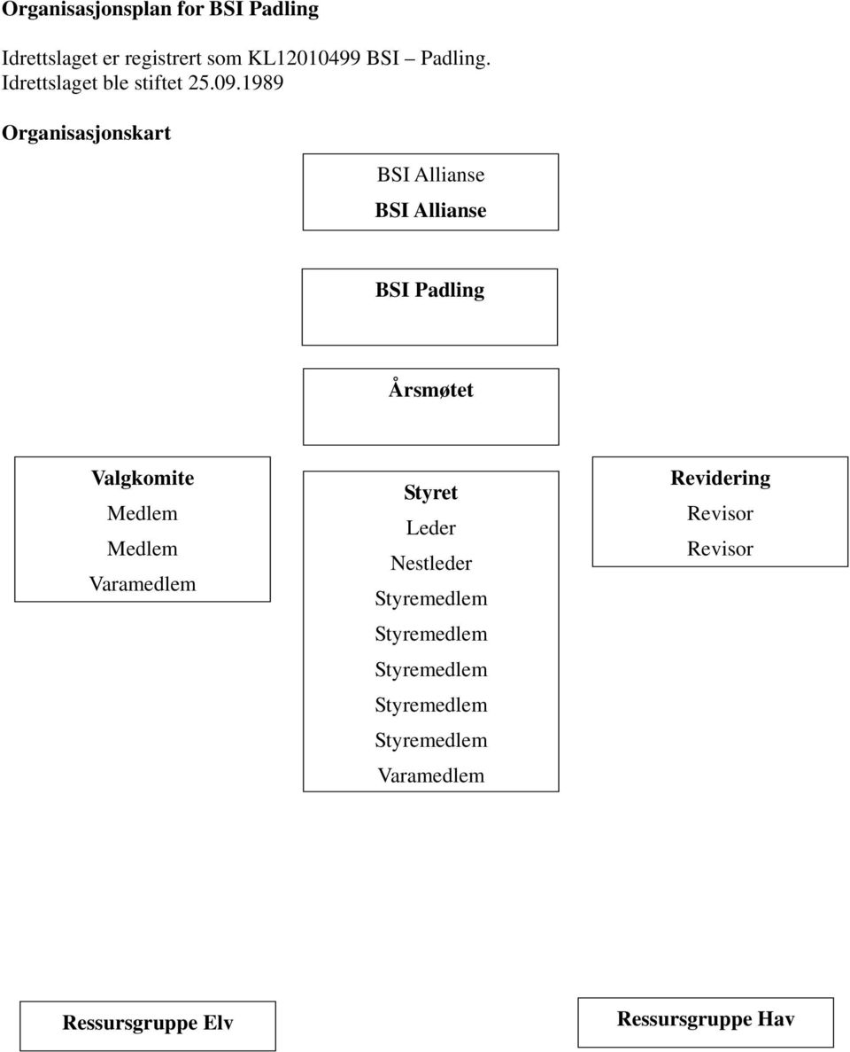 1989 Organisasjonskart BSI Allianse BSI Allianse BSI Padling Årsmøtet Valgkomite Medlem Medlem