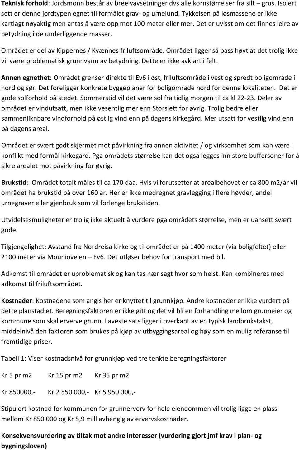 Området er del av Kippernes / Kvænnes friluftsområde. Området ligger så pass høyt at det trolig ikke vil være problematisk grunnvann av betydning. Dette er ikke avklart i felt.