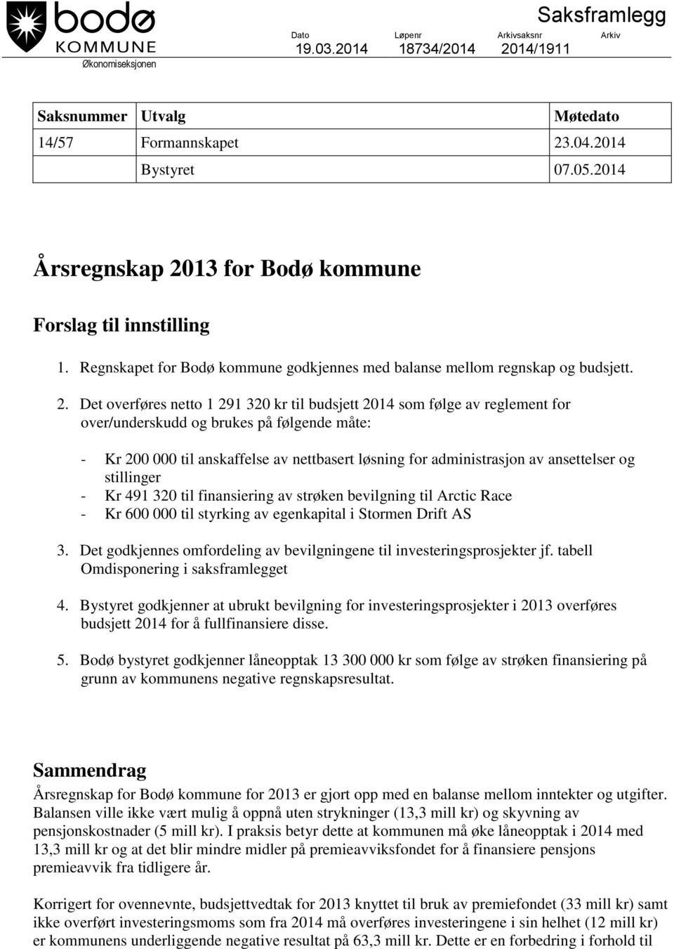 13 for Bodø kommune Forslag til innstilling 1. Regnskapet for Bodø kommune godkjennes med balanse mellom regnskap og budsjett. 2.