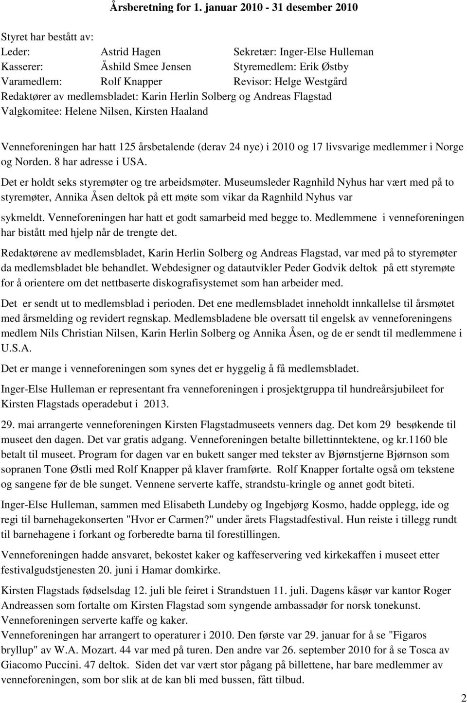 Westgård Redaktører av medlemsbladet: Karin Herlin Solberg og Andreas Flagstad Valgkomitee: Helene Nilsen, Kirsten Haaland Venneforeningen har hatt 125 årsbetalende (derav 24 nye) i 2010 og 17