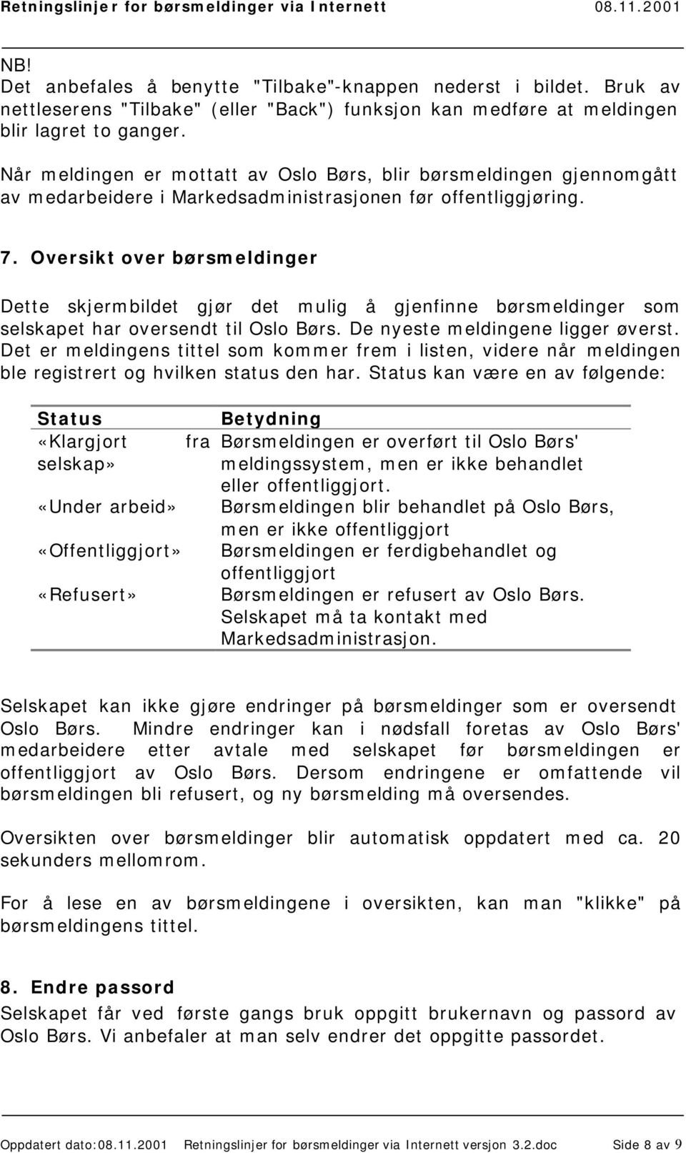 Oversikt over børsmeldinger Dette skjermbildet gjør det mulig å gjenfinne børsmeldinger som selskapet har oversendt til Oslo Børs. De nyeste meldingene ligger øverst.