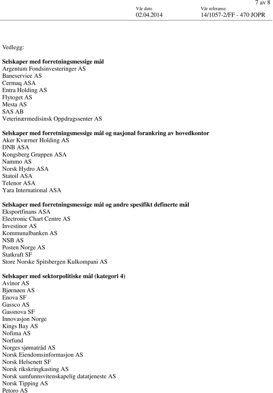 ASA Selskaper med forretningsmessige mål og andre spesifikt definerte mål Eksportfinans ASA Electronic Chart Centre AS Investinor AS Kommunalbanken AS NSB AS Posten Norge AS Statkraft SF Store Norske