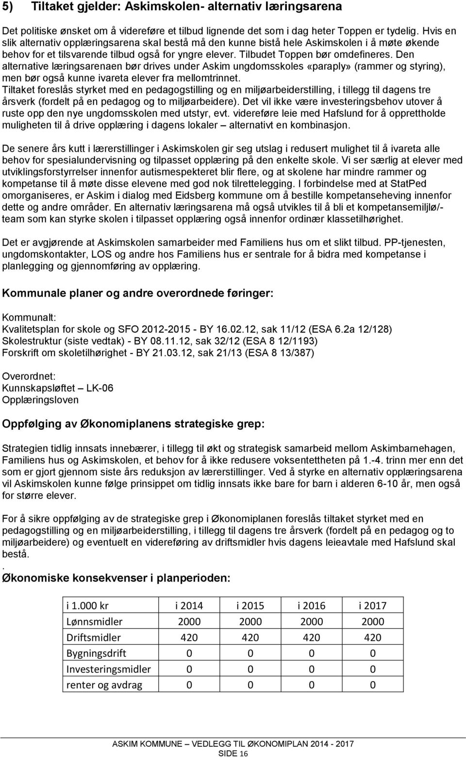 Den alternative læringsarenaen bør drives under Askim ungdomsskoles «paraply» (rammer og styring), men bør også kunne ivareta elever fra mellomtrinnet.