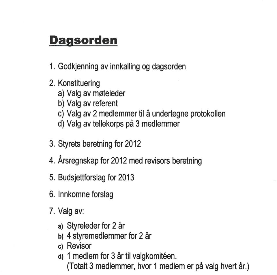 tellekorps på 3 medlemmer 3. Styrets beretning for 2012 4. Årsregnskap for 2012 med revisors beretning 5.