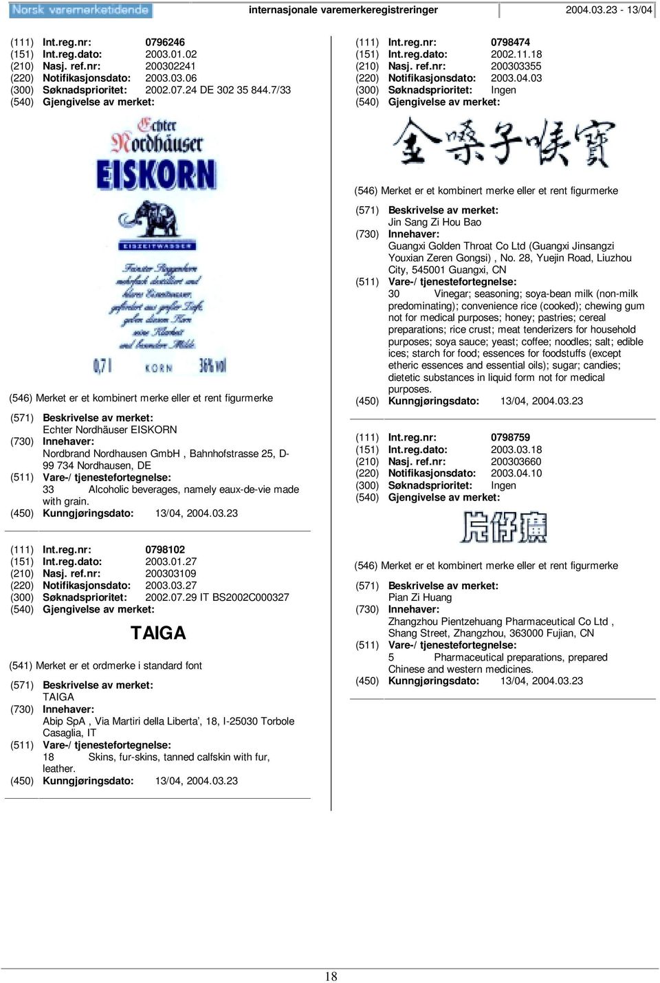 03 (300) Søknadsprioritet: Ingen Echter Nordhäuser EISKORN Nordbrand Nordhausen GmbH, Bahnhofstrasse 25, D- 99 734 Nordhausen, DE 33 Alcoholic beverages, namely eaux-de-vie made with grain.