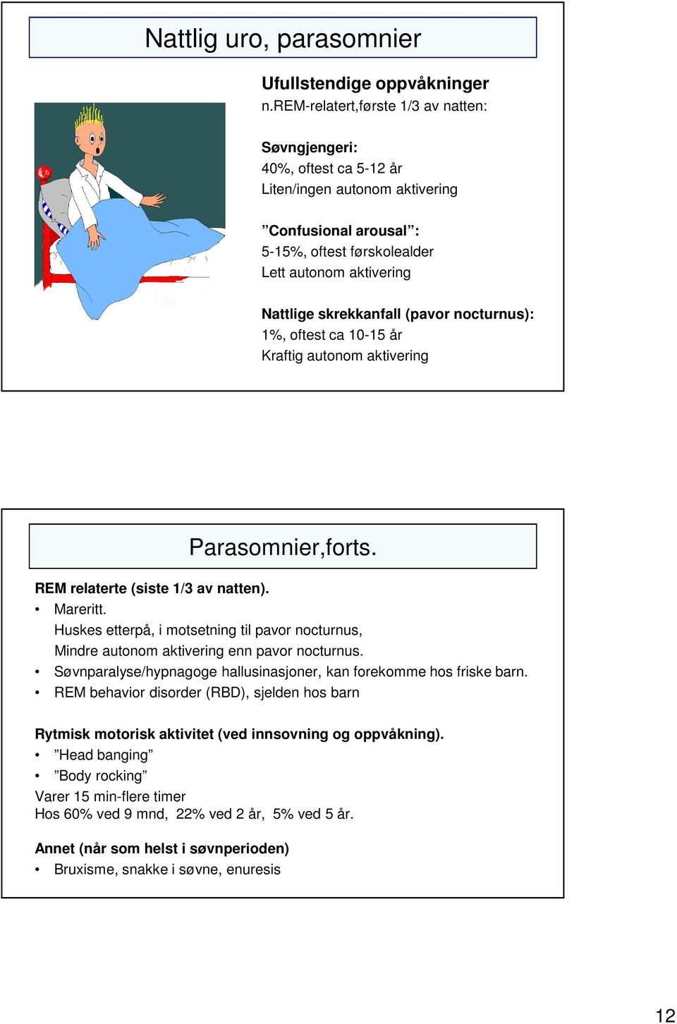 (pavor nocturnus): 1%, oftest ca 10-15 år Kraftig autonom aktivering Parasomnier,forts. REM relaterte (siste 1/3 av natten). Mareritt.