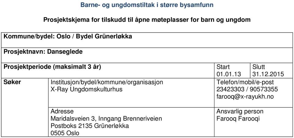 Institusjon/bydel/kommune/organisasjon X-Ray Ungdomskulturhus Adresse Maridalsveien 3, Inngang Brenneriveien Postboks