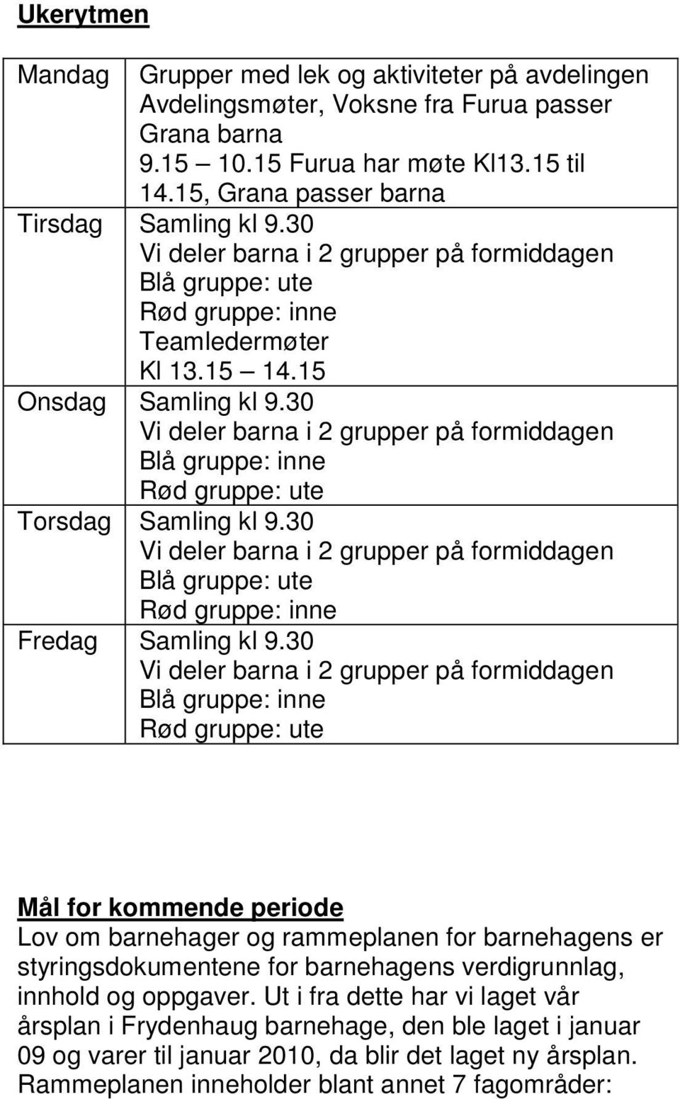 30 Vi deler barna i 2 grupper på formiddagen Blå gruppe: inne Rød gruppe: ute Torsdag Samling kl 9.30 Vi deler barna i 2 grupper på formiddagen Blå gruppe: ute Rød gruppe: inne Fredag Samling kl 9.