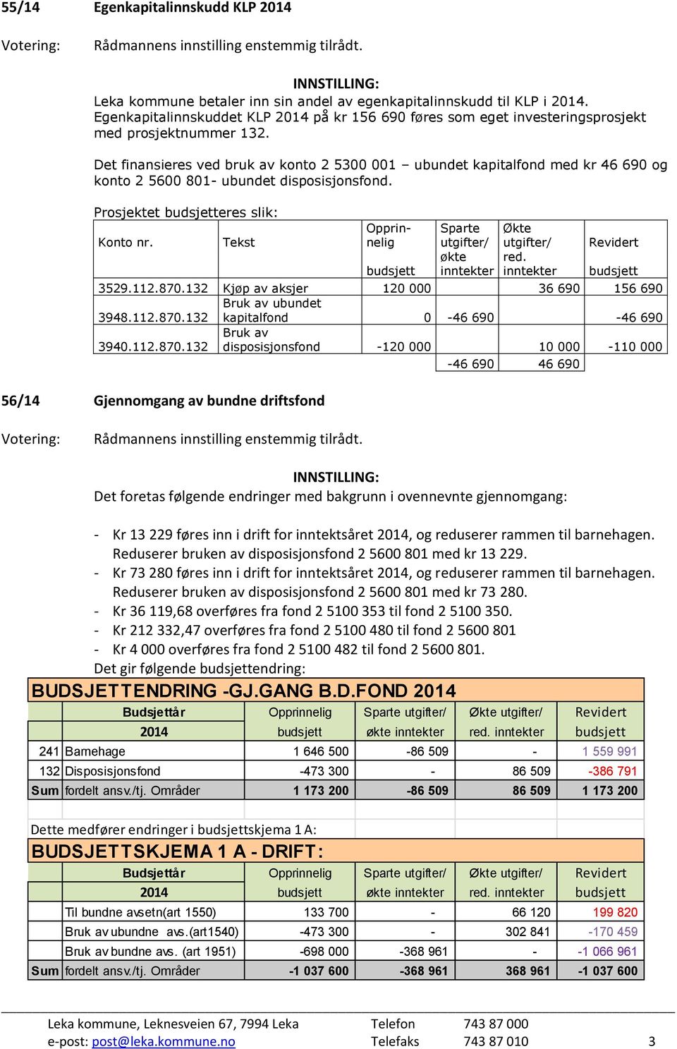 Det finansieres ved bruk av konto 2 5300 001 ubundet kapitalfond med kr 46 690 og konto 2 5600 801- ubundet disposisjonsfond. Prosjektet budsjetteres slik: Konto nr.