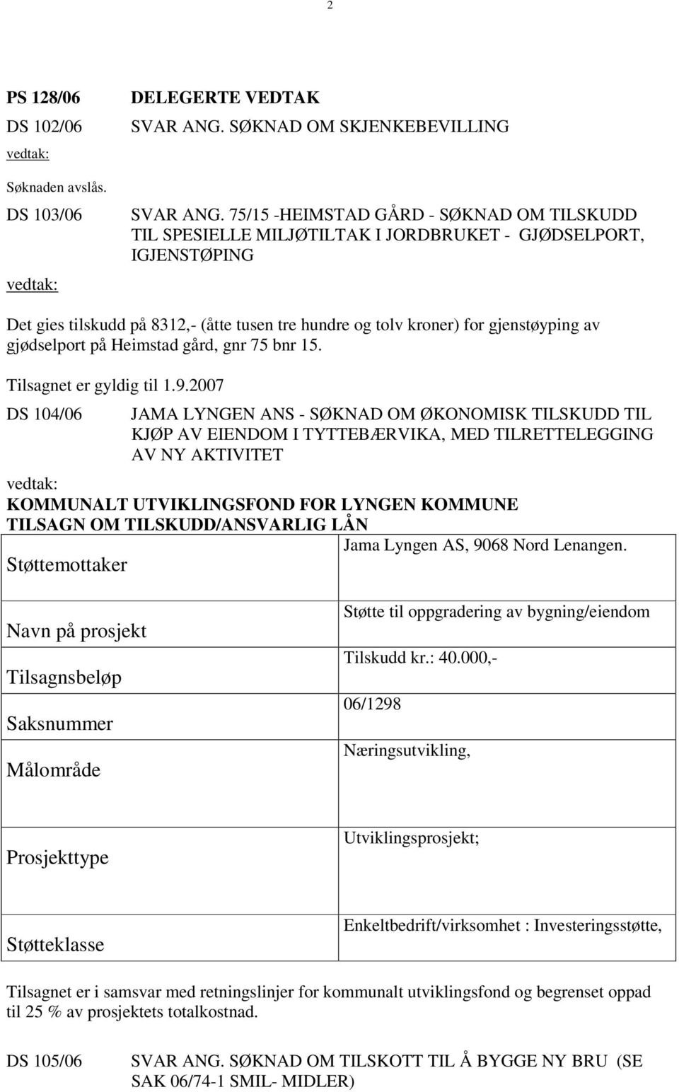 gjødselport på Heimstad gård, gnr 75 bnr 15. Tilsagnet er gyldig til 1.9.