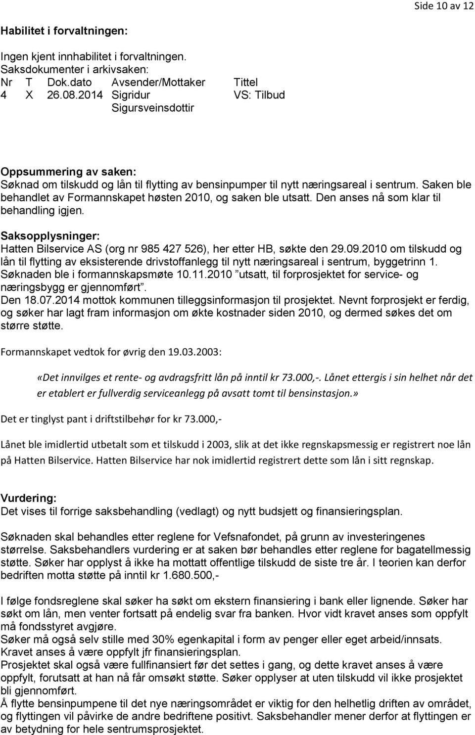 Saken ble behandlet av Formannskapet høsten 2010, og saken ble utsatt. Den anses nå som klar til behandling igjen.