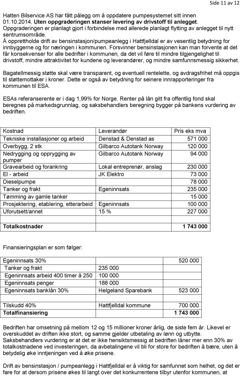 Å opprettholde drift av bensinstasjon/pumpeanlegg i Hattfjelldal er av vesentlig betydning for innbyggerne og for næringen i kommunen.