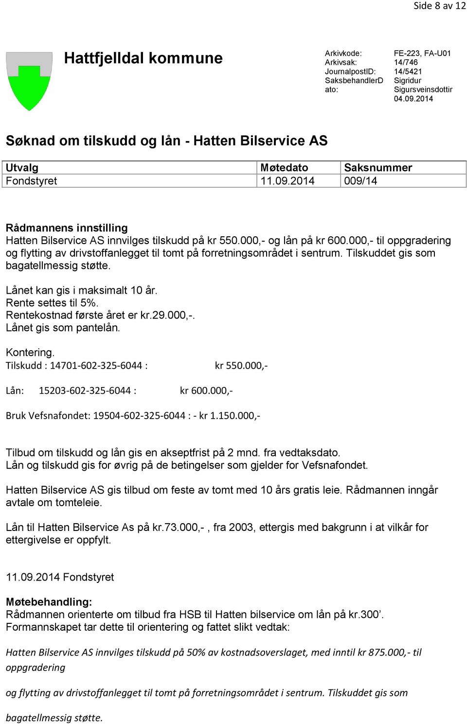 000,- og lån på kr 600.000,- til oppgradering og flytting av drivstoffanlegget til tomt på forretningsområdet i sentrum. Tilskuddet gis som bagatellmessig støtte. Lånet kan gis i maksimalt 10 år.