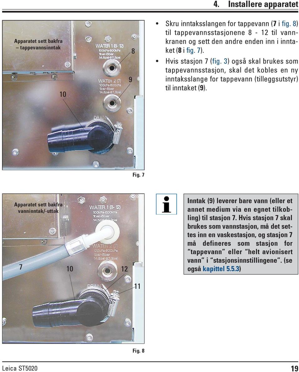 3) også skal brukes som tappevannsstasjon, skal det kobles en ny inntaksslange for tappevann (tilleggsutstyr) til inntaket (9). Fig.