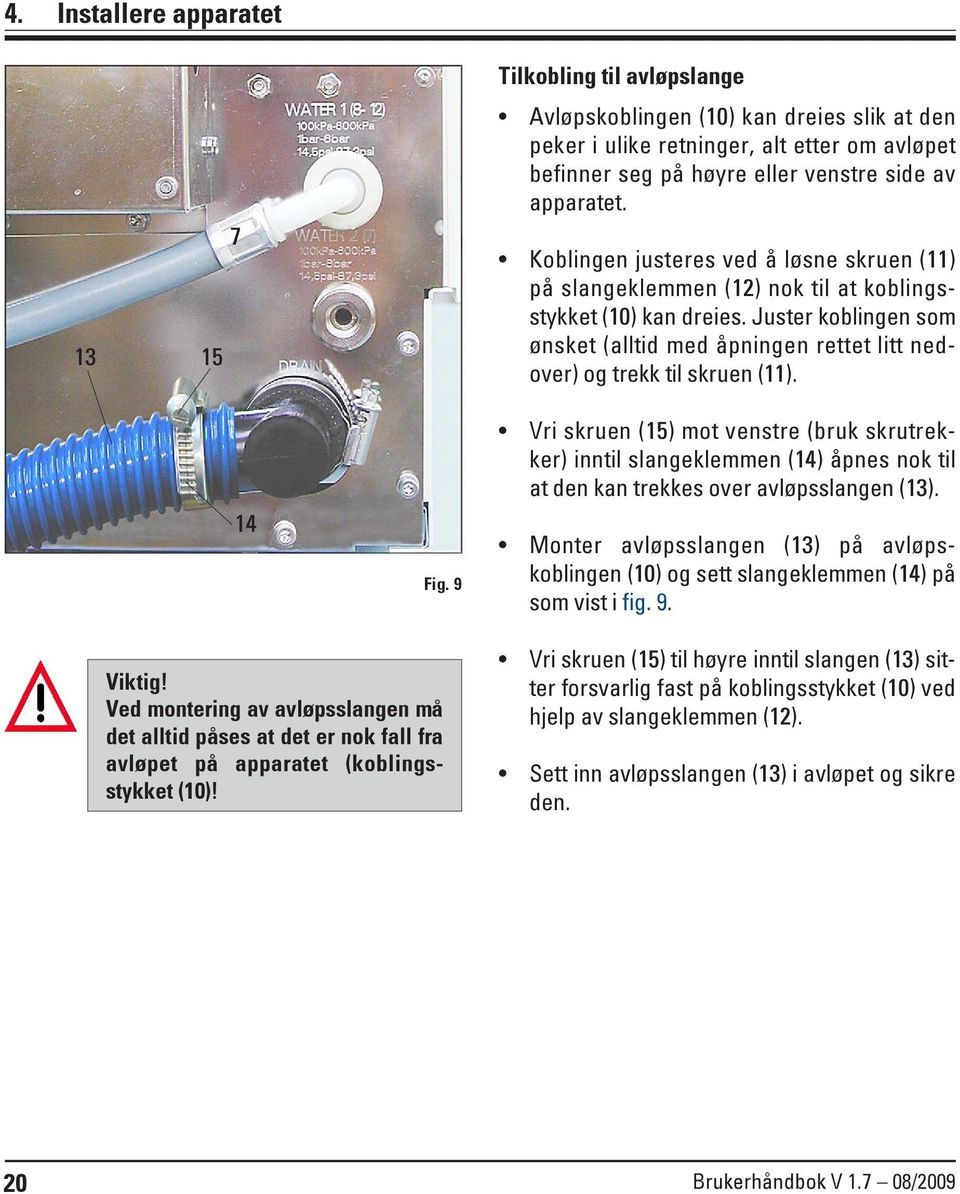 Juster koblingen som ønsket (alltid med åpningen rettet litt nedover) og trekk til skruen (11). 14 Fig.