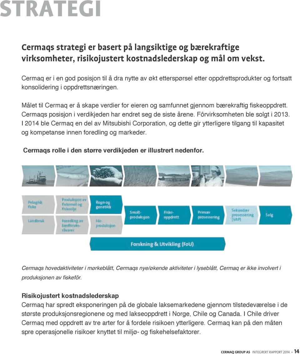 Målet til Cermaq er å skape verdier for eieren og samfunnet gjennom bærekraftig fiskeoppdrett. Cermaqs posisjon i verdikjeden har endret seg de siste årene. Fôrvirksomheten ble solgt i 2013.