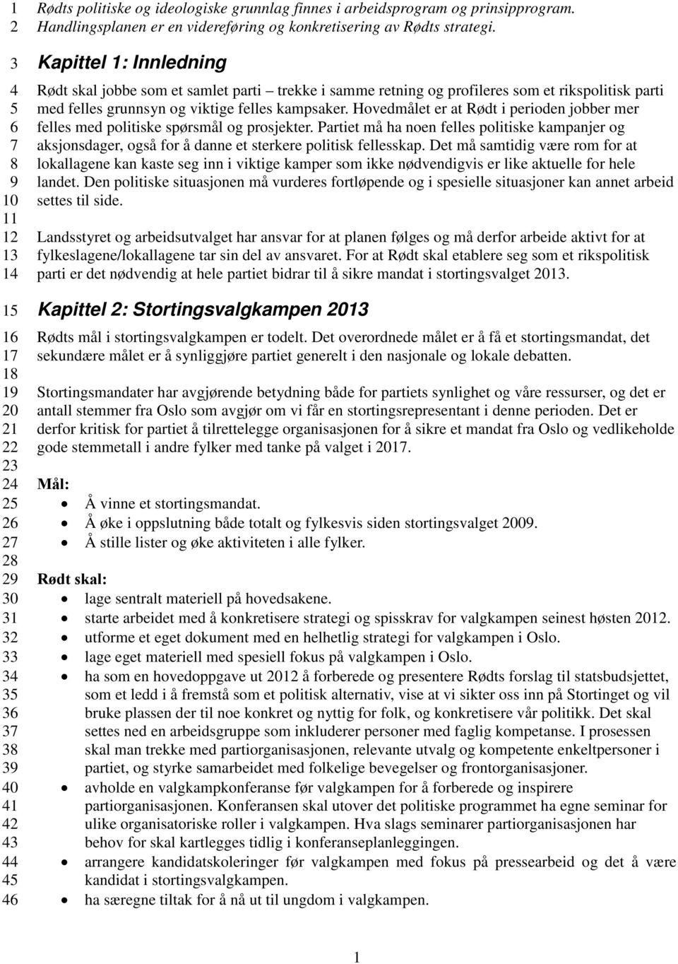 Kapittel 1: Innledning Rødt skal jobbe som et samlet parti trekke i samme retning og profileres som et rikspolitisk parti med felles grunnsyn og viktige felles kampsaker.