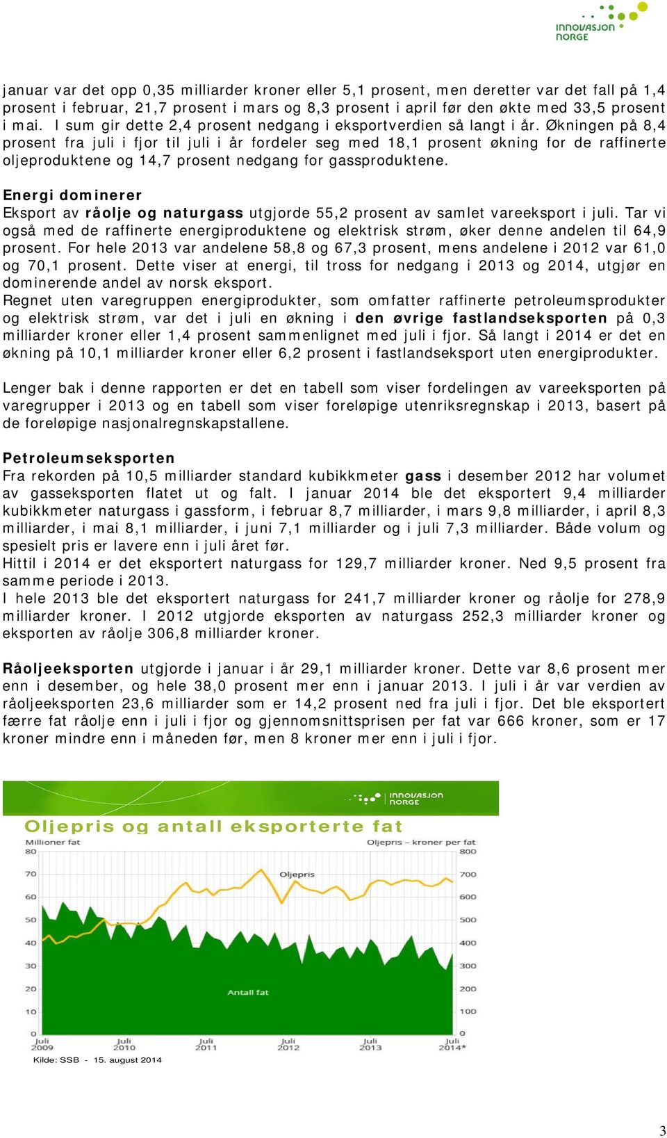 Økningen på 8,4 prosent fra juli i fjor til juli i år fordeler seg med 18,1 prosent økning for de raffinerte oljeproduktene og 14,7 prosent nedgang for gassproduktene.