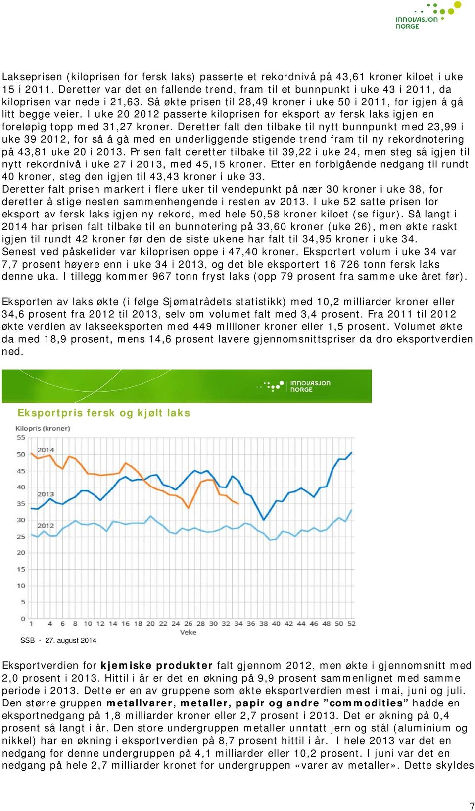 I uke 20 2012 passerte kiloprisen for eksport av fersk laks igjen en foreløpig topp med 31,27 kroner.