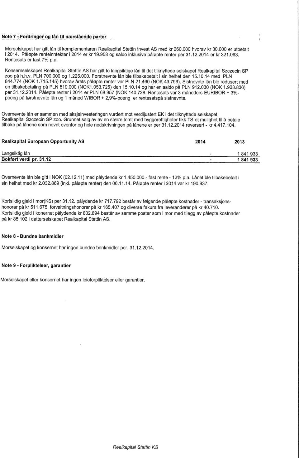 h.v. PLN 700.000 og 1.225.000. Førstnevnte lån ble tilbakebetalt i sin helhet den 15.10.14 med PLN 844.774 (NOK 1.715.145) hvorav årets påløpte renter var PLN 21.460 (NOK 43.796).