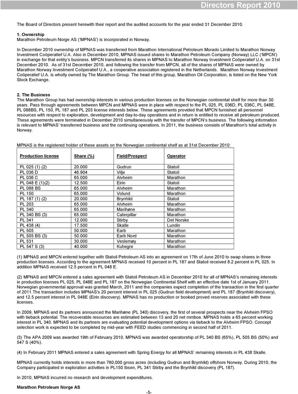 MPCN transferred its shares in MPNAS to Marathon Norway Investment Coöperatief U.A. on 31st December 2010.