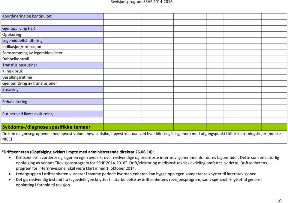 hver klinikk gås i gjenom med utgangspunkt i kliniske retningslinjer (norske, NICE) *Driftsenheten (Oppfølging avklart i møte med administrerende direktør 26.06.