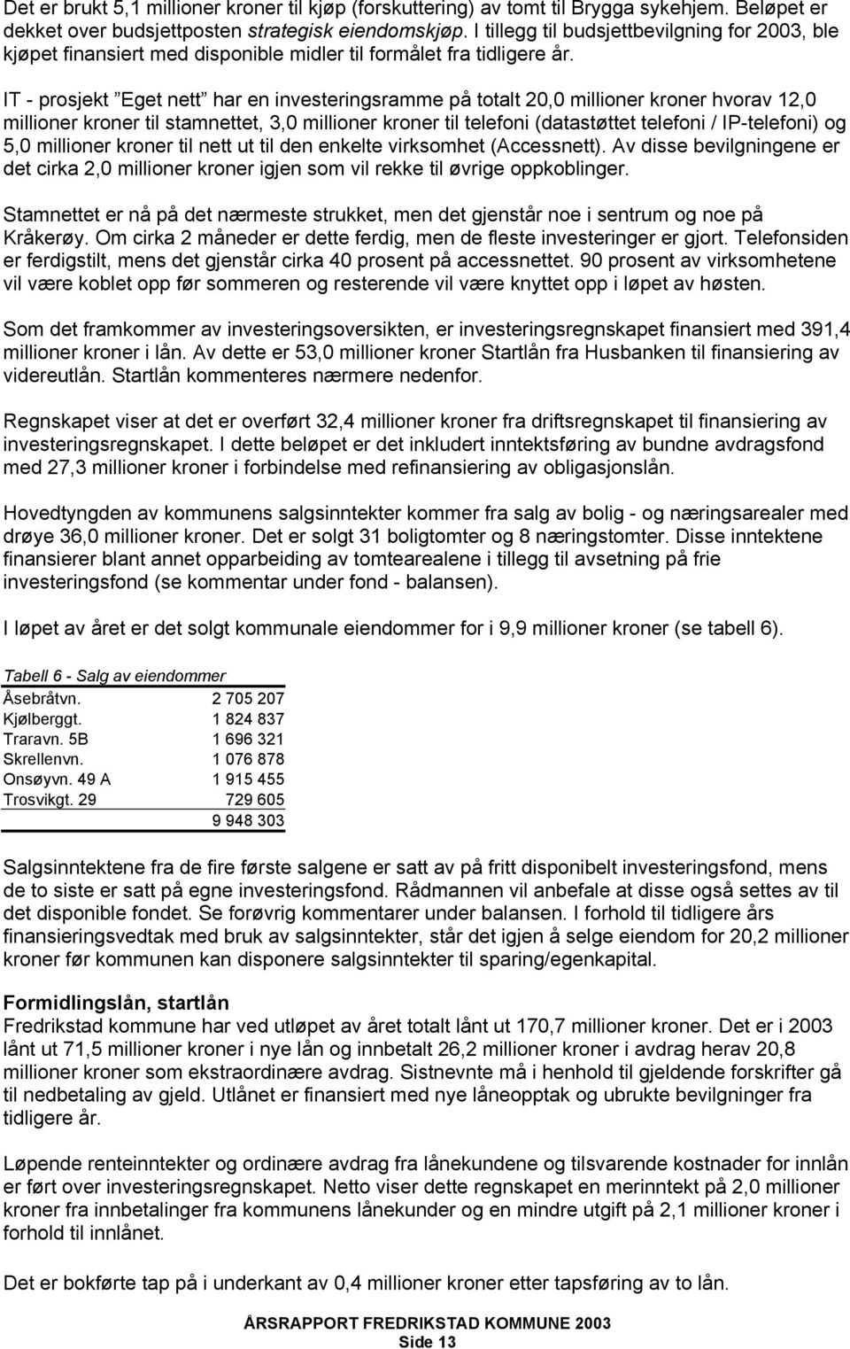 IT - prosjekt Eget nett har en investeringsramme på totalt 20,0 millioner kroner hvorav 12,0 millioner kroner til stamnettet, 3,0 millioner kroner til telefoni (datastøttet telefoni / IP-telefoni) og