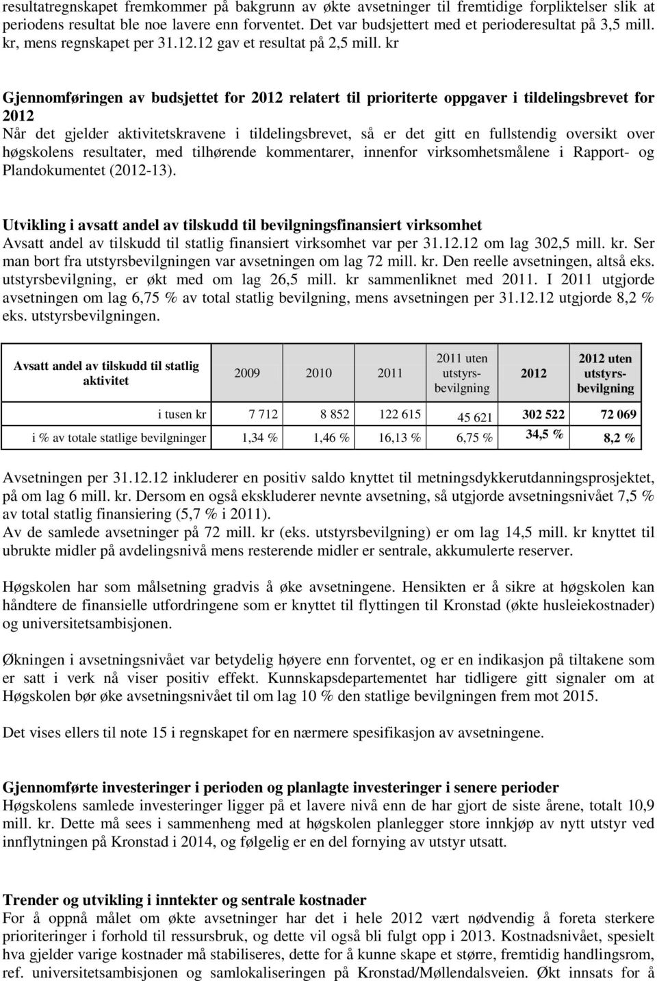 kr Gjennomføringen av budsjettet for 2012 relatert til prioriterte oppgaver i tildelingsbrevet for 2012 Når det gjelder aktivitetskravene i tildelingsbrevet, så er det gitt en fullstendig oversikt