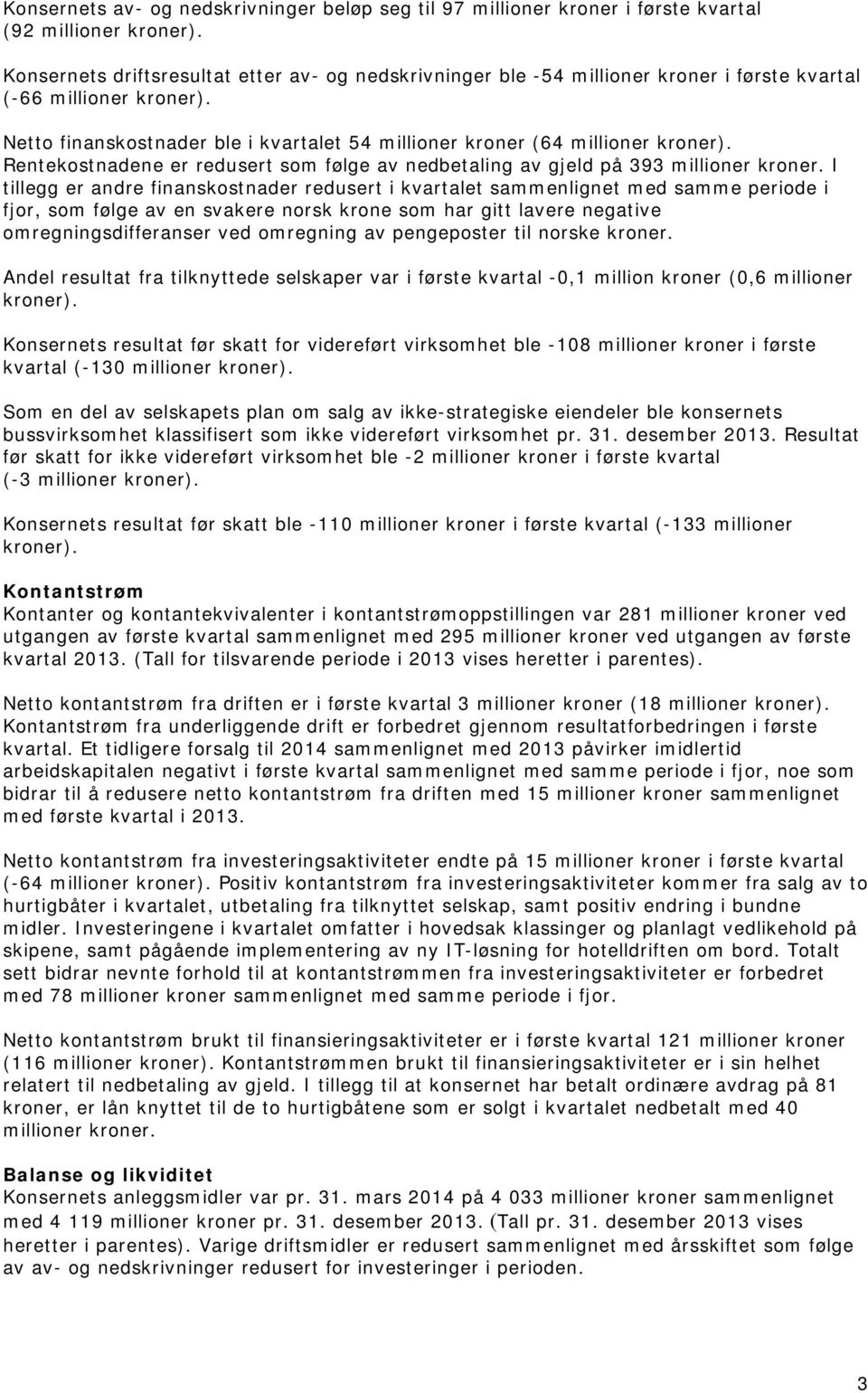 Rentekostnadene er redusert som følge av nedbetaling av gjeld på 393 millioner kroner.