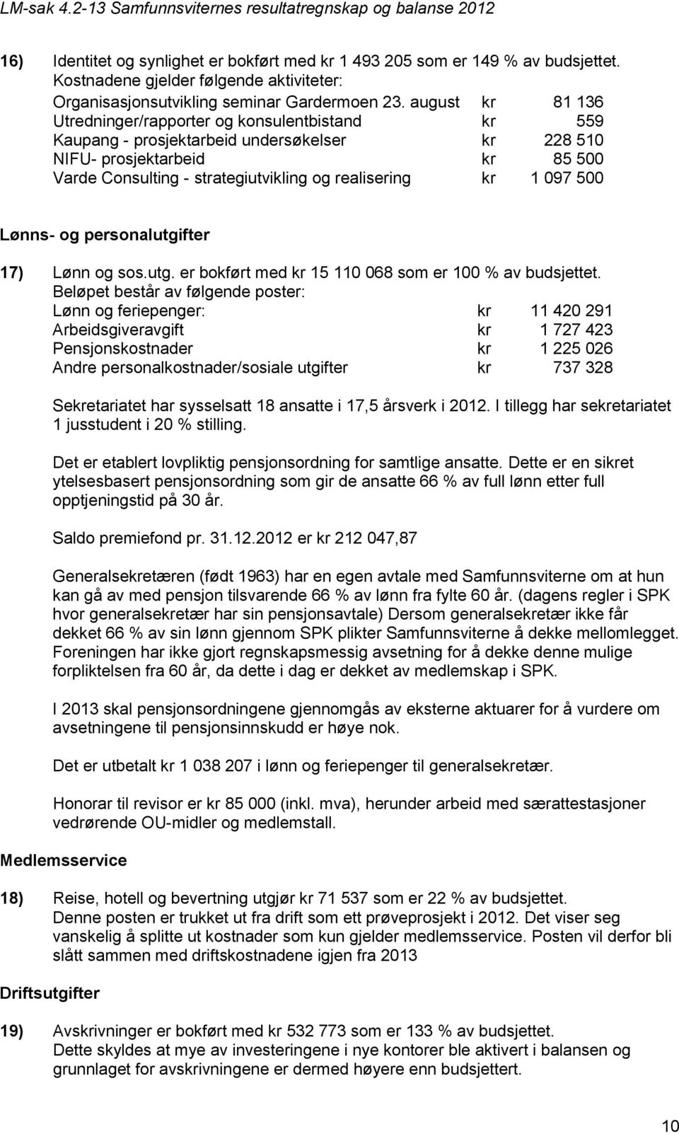 kr 1 097 500 Lønns- og personalutgifter 17) Lønn og sos.utg. er bokført med kr 15 110 068 som er 100 % av budsjettet.