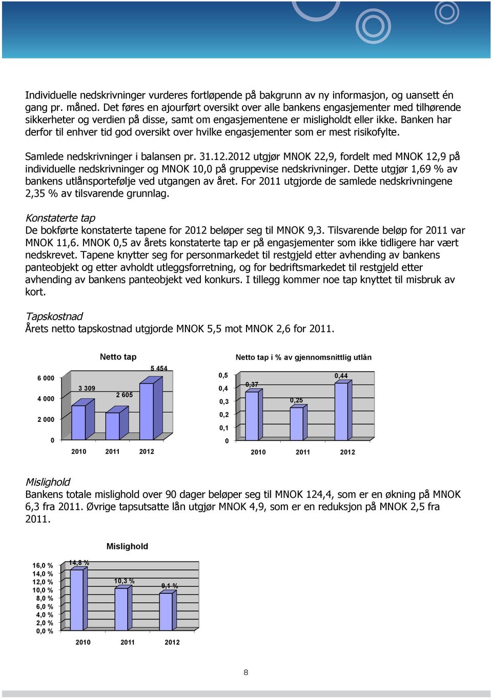 Banken har derfor til enhver tid god oversikt over hvilke engasjementer som er mest risikofylte. Samlede nedskrivninger i balansen pr. 31.12.