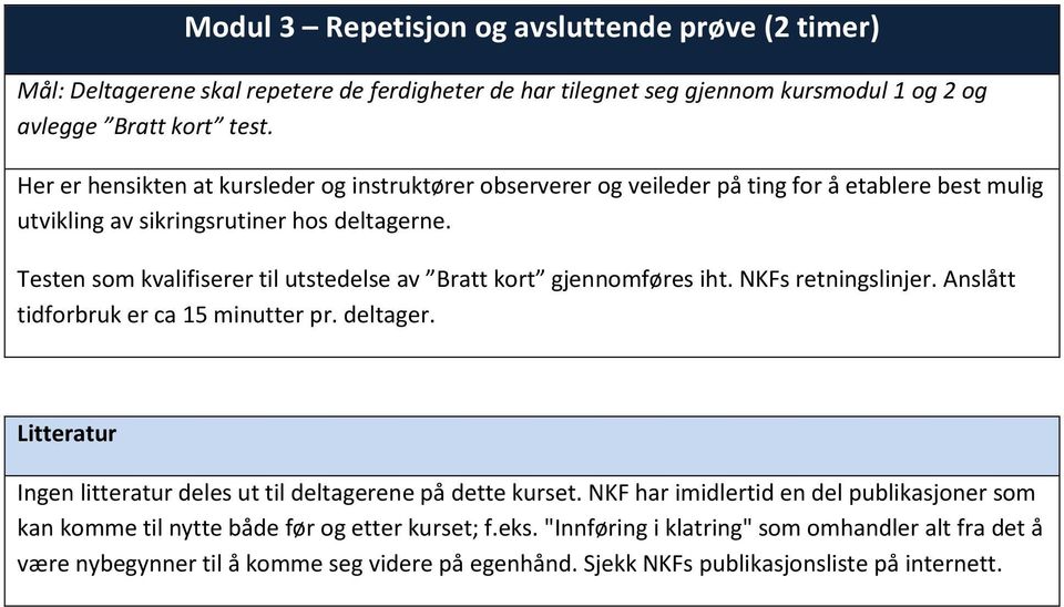 Testen som kvalifiserer til utstedelse av Bratt kort gjennomføres iht. NKFs retningslinjer. Anslått tidforbruk er ca 15 minutter pr. deltager.