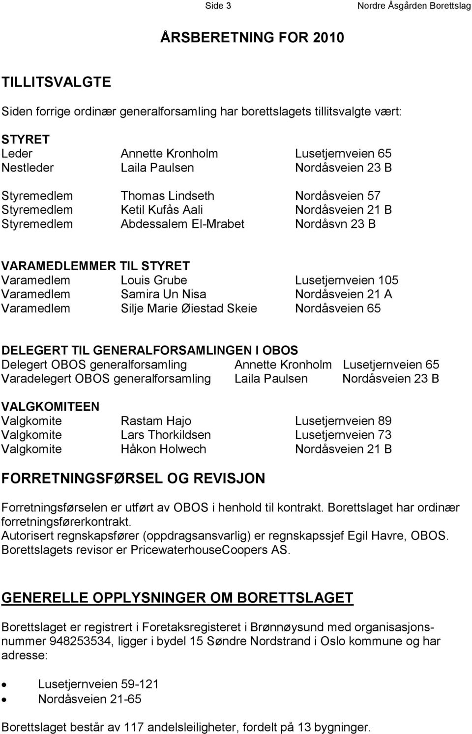 STYRET Varamedlem Louis Grube Lusetjernveien 105 Varamedlem Samira Un Nisa Nordåsveien 21 A Varamedlem Silje Marie Øiestad Skeie Nordåsveien 65 DELEGERT TIL GENERALFORSAMLINGEN I OBOS Delegert OBOS