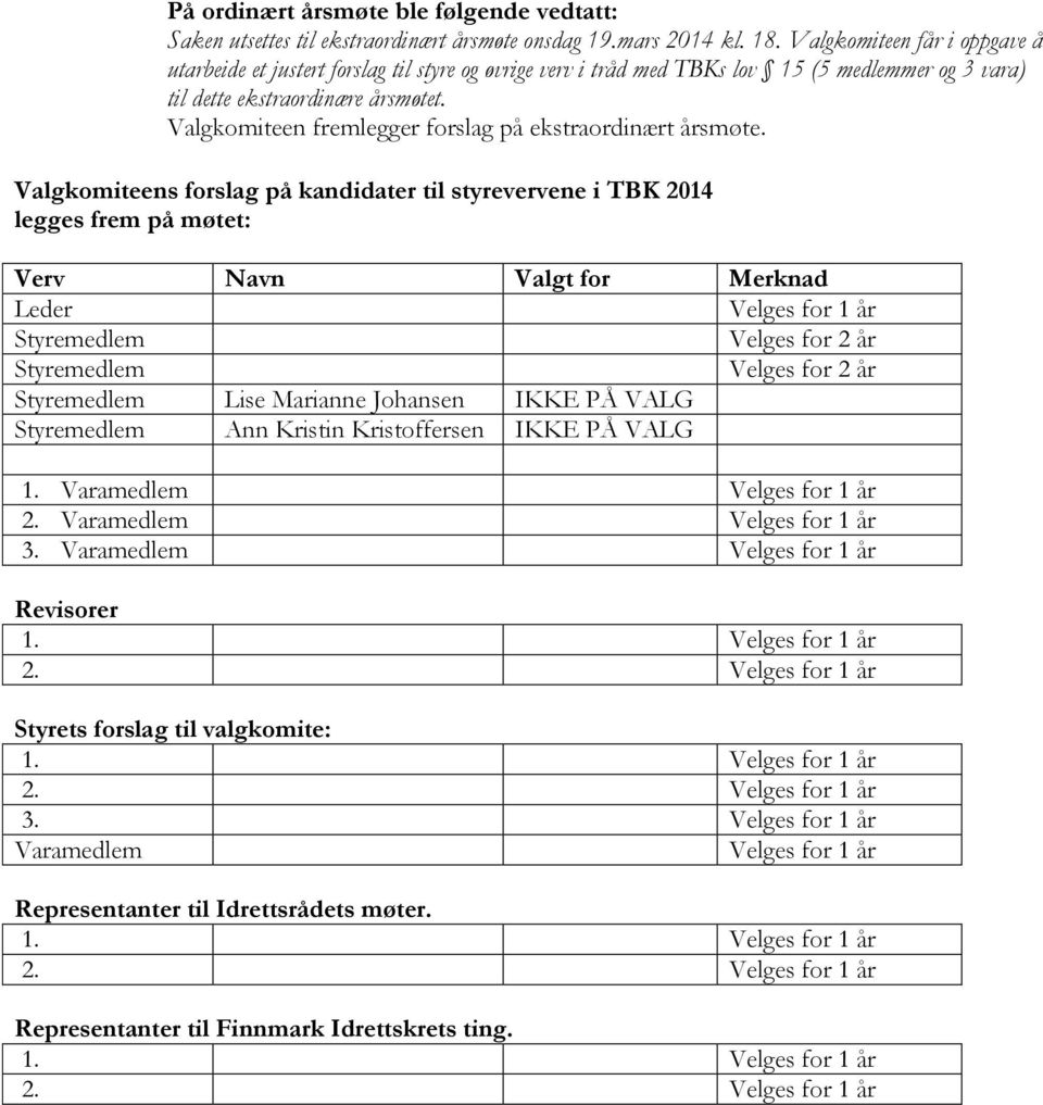 Valgkomiteen fremlegger forslag på ekstraordinært årsmøte.