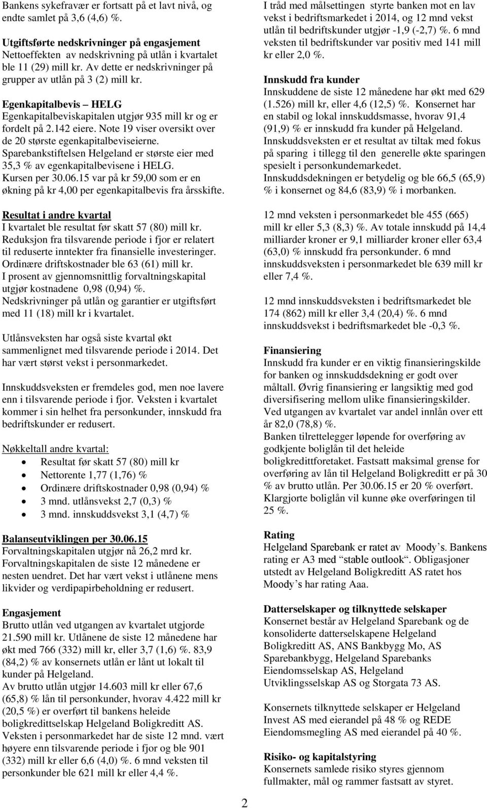 Note 19 viser oversikt over de 20 største egenkapitalbeviseierne. Sparebankstiftelsen Helgeland er største eier med 35,3 % av egenkapitalbevisene i HELG. Kursen per 30.06.