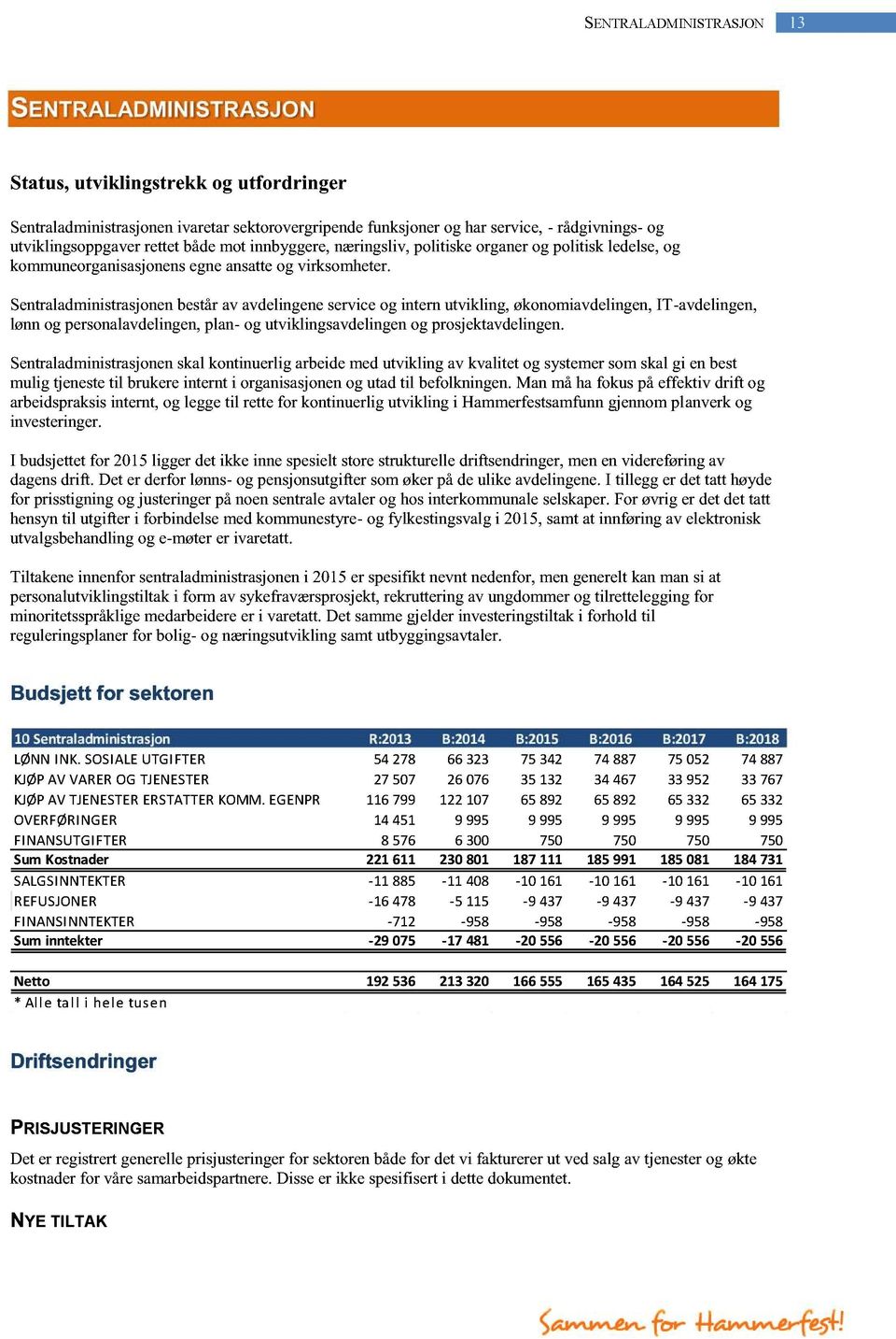 Sentraladministrasjonenbestårav avdelingeneserviceog internutvikling, økonomiavdelingen, IT-avdelingen, lønnog personalavdelingen, plan- og utviklingsavdelingenog prosjektavdelingen.